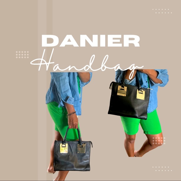 Danier Sage" metal black leather satchel with gold trimmings - Picture 12 of 16